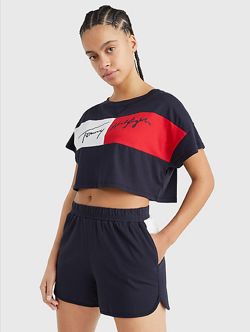 blauw colour-blocked cropped t-shirt voor dames - tommy hilfiger