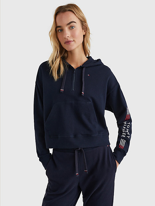 blue th stretch logo sleeve half-zip hoody for women tommy hilfiger