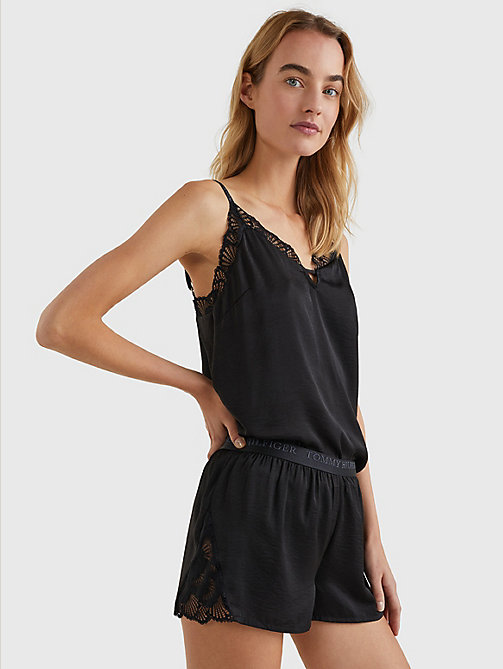 schwarz kurzes pyjama-set mit muschelspitze für damen - tommy hilfiger