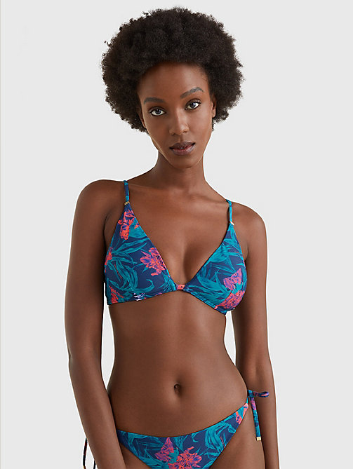 blauw triangel-bikinitop met tropische print voor women - tommy hilfiger
