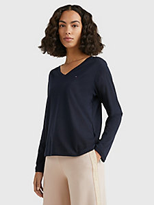 blue long sleeve relaxed fit v-neck t-shirt for women tommy hilfiger