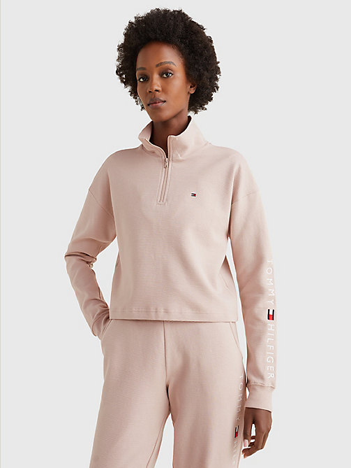 beige exclusive rib knit half-zip cropped sweatshirt for women tommy hilfiger