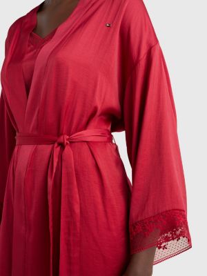 Ditsy Lace Satin Kimono Bathrobe RED Tommy Hilfiger