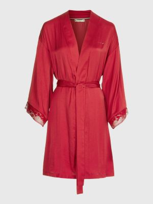Ditsy Lace Satin Kimono Bathrobe RED Tommy Hilfiger