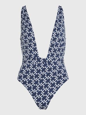 TH Monogram Plunge OnePiece Swimsuit BLUE Tommy Hilfiger
