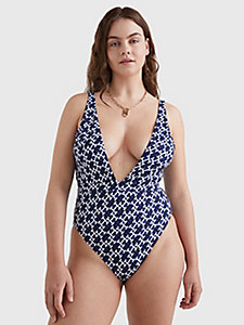 blue th monogram plunge one-piece swimsuit for women tommy hilfiger