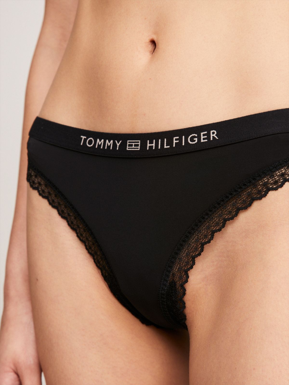 Tonal Logo Lace Thong — Black