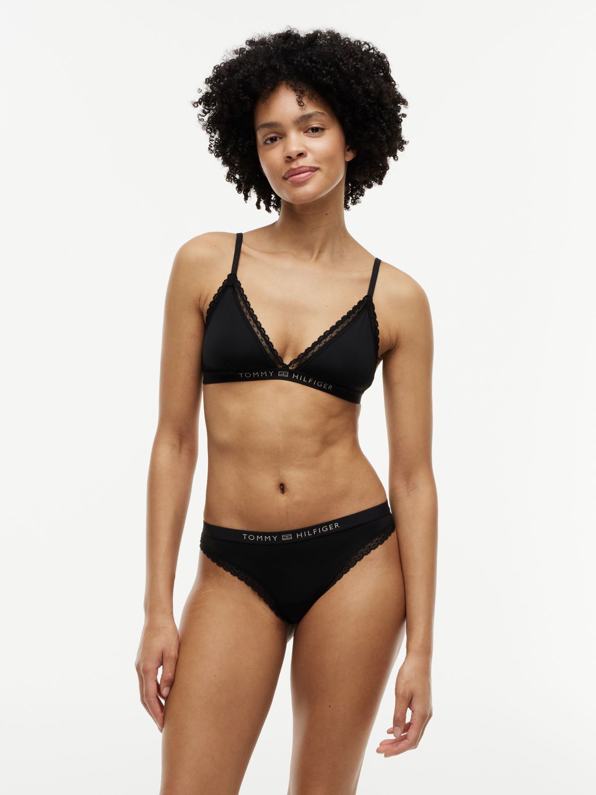 Tonal Logo Lace Thong — Black