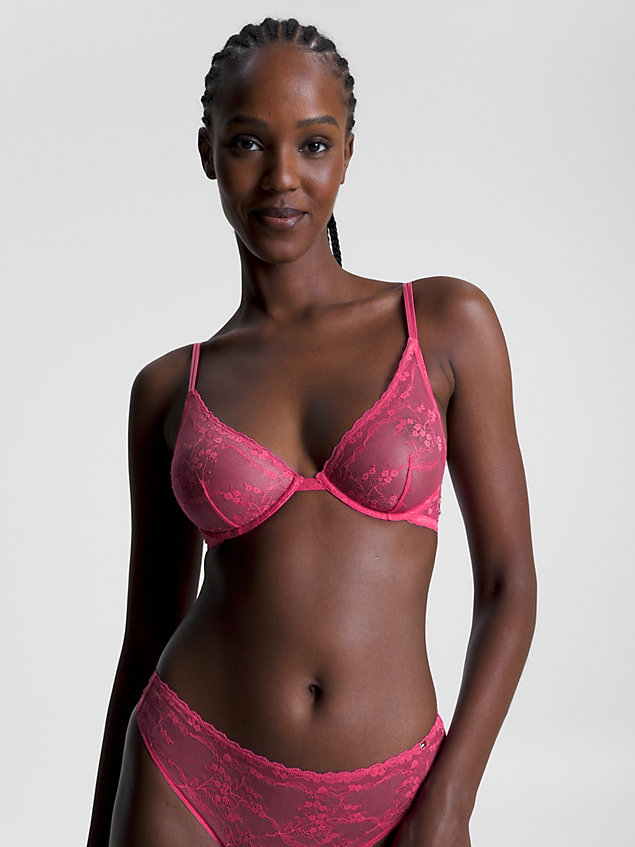 pink floral lace unpadded triangle bra for women tommy hilfiger