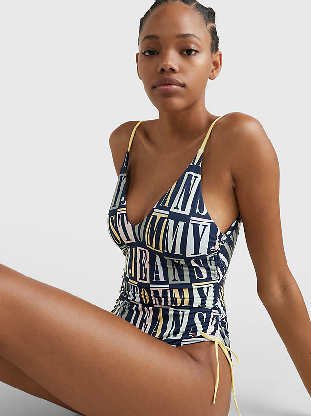black print plunge slim one-piece swimsuit for women tommy jeans