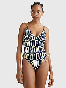 black print plunge slim one-piece swimsuit for women tommy jeans