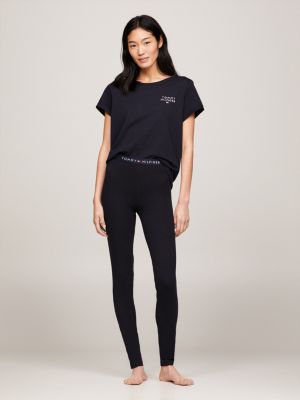 blau lange leggings mit logo am taillenbund für damen - tommy hilfiger