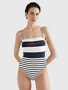 blue hilfiger logo stripe one-piece swimsuit for women tommy hilfiger