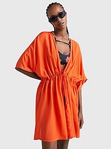 orange cover-up mit bindeband und logo für damen - tommy hilfiger