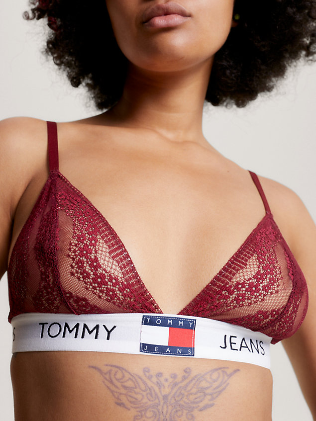 red heritage floral lace unlined triangle bra for women tommy jeans