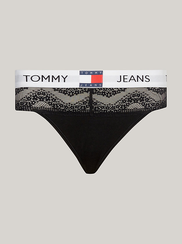 zwart heritage string met gebloemd kant en logo's voor dames - tommy jeans