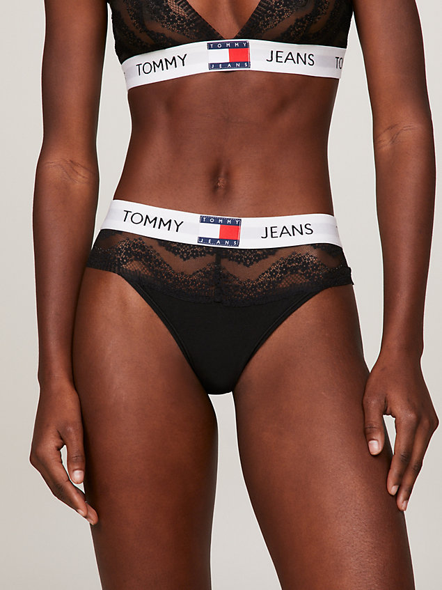 black heritage string mit blumenspitze und logo für damen - tommy jeans