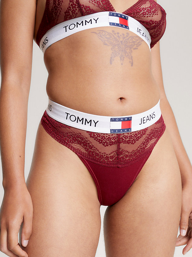red heritage floral lace repeat logo thong for women tommy jeans