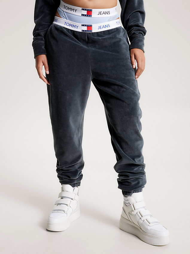 grey heritage logo velour joggers for women tommy jeans