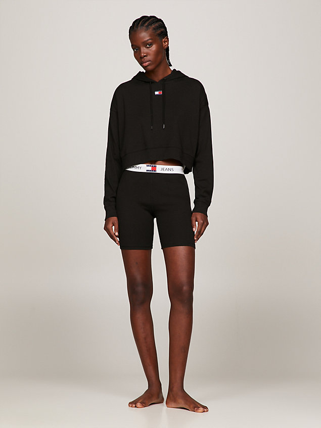 black heritage gerippter cropped fit lounge-hoodie für damen - tommy jeans