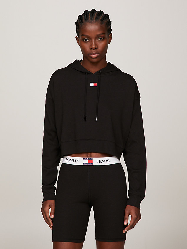 black heritage gerippter cropped fit lounge-hoodie für damen - tommy jeans