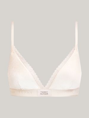 Lace Trim Velour Unlined Triangle Bra, Beige