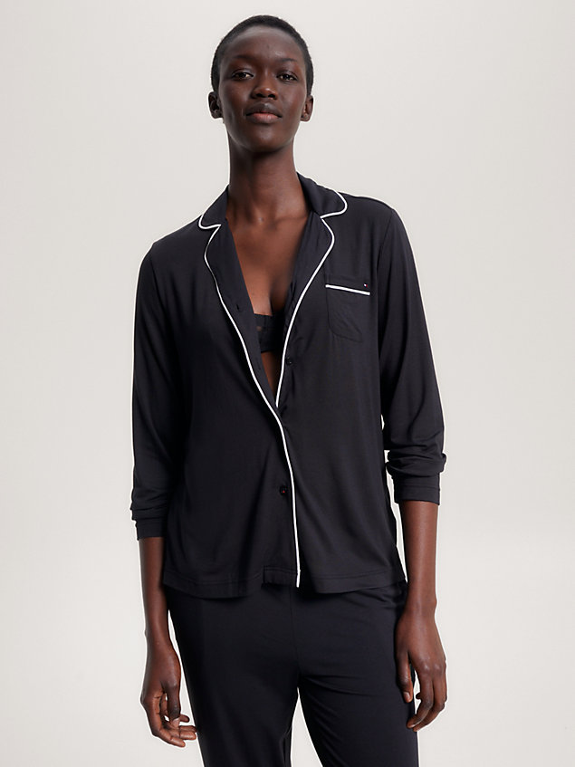 black global stripe langarm-pyjama-top mit paspeln für damen - tommy hilfiger