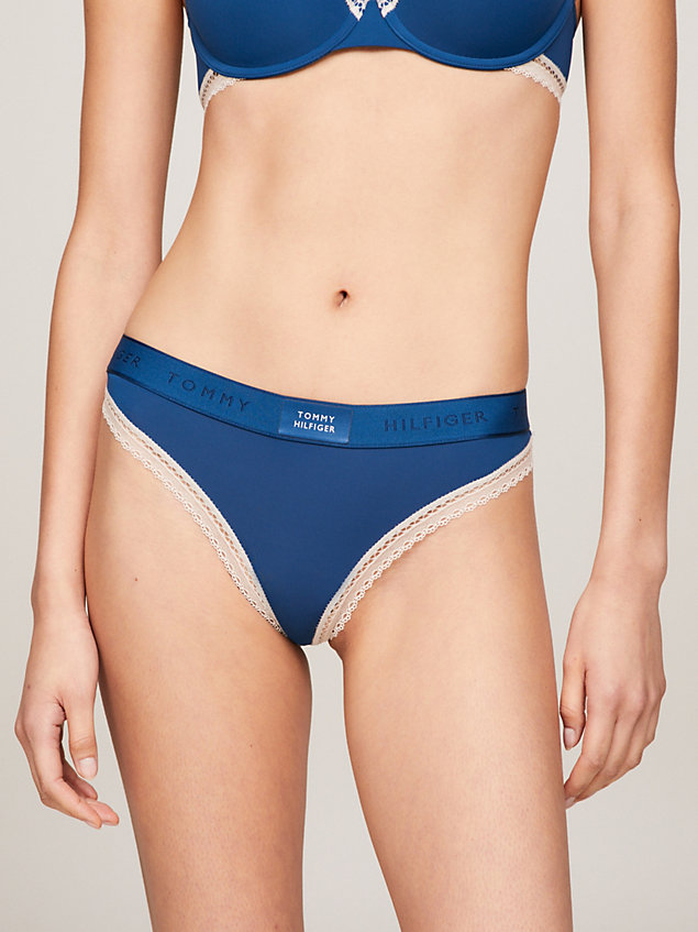 blue logo waistband lace trim thong for women tommy hilfiger