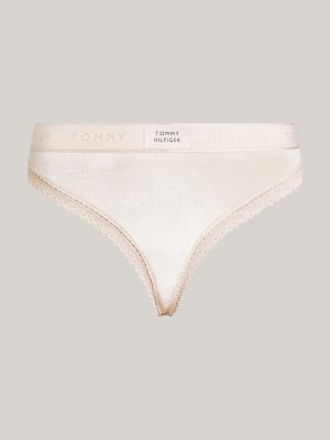 Velour Lace Trim Logo Waistband Thong | Beige | Tommy Hilfiger 