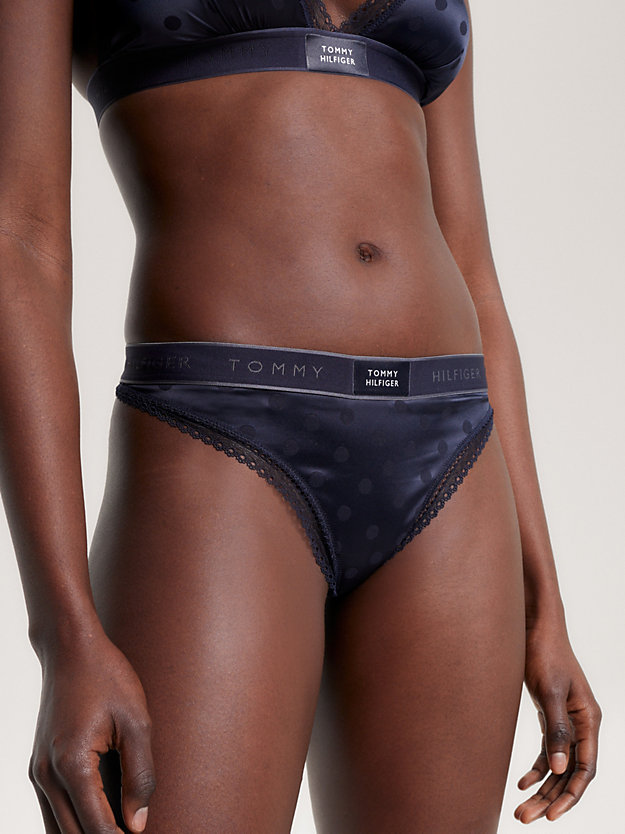 blue satin lace trim logo waistband thong for women tommy hilfiger