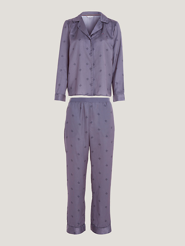 grey th monogram satijnen longsleeve pyjama voor dames - tommy hilfiger