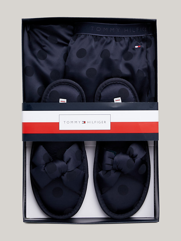 blue th established short pyjama set and slippers gift set for women tommy hilfiger