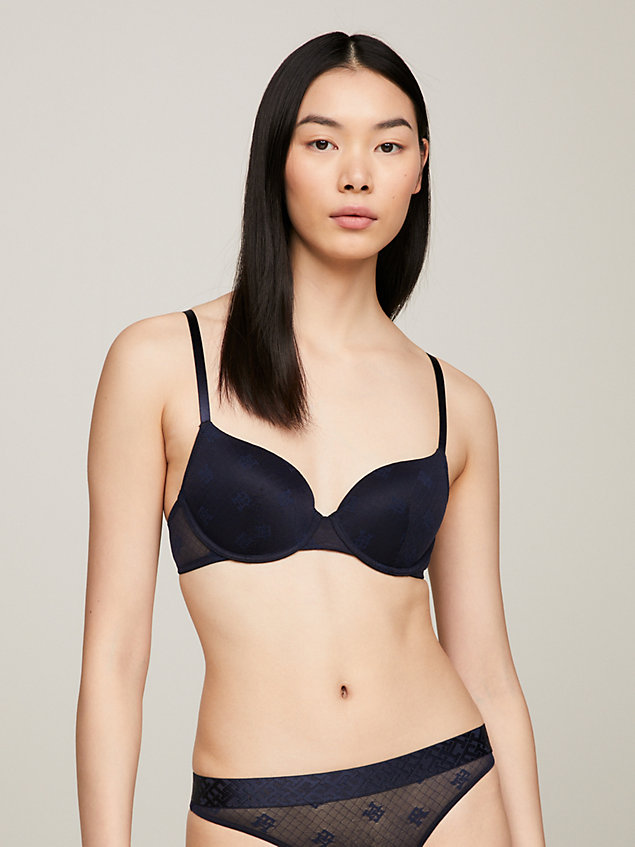 blue th monogram lace plunge padded demi bra for women tommy hilfiger