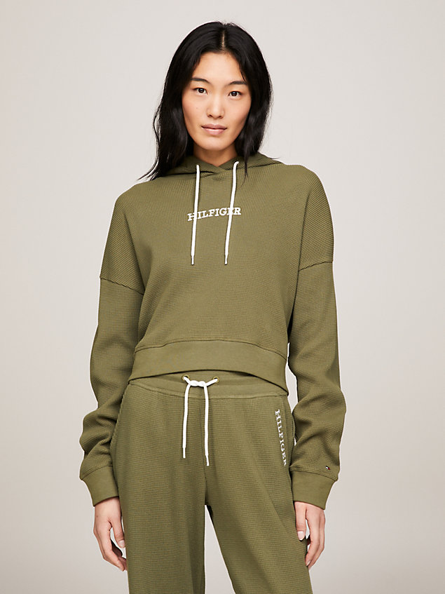 green hilfiger monotype waffle knit lounge hoody for women tommy hilfiger