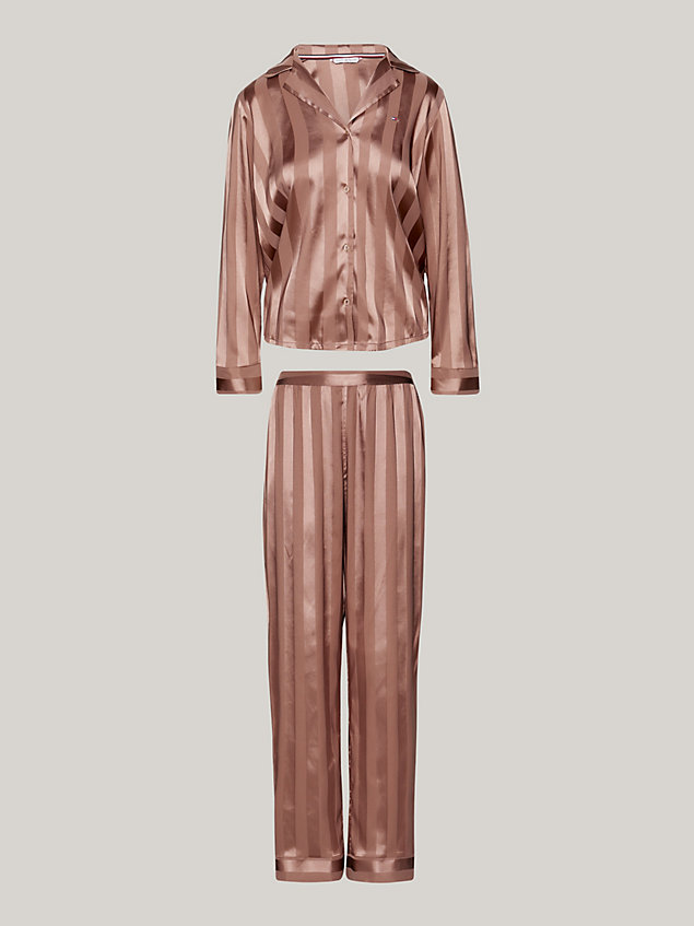 brown pyjama met lange mouwen en signature-streep voor dames - tommy hilfiger
