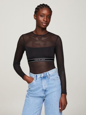 Mesh Panel Logo Long Sleeve Bodysuit, Black