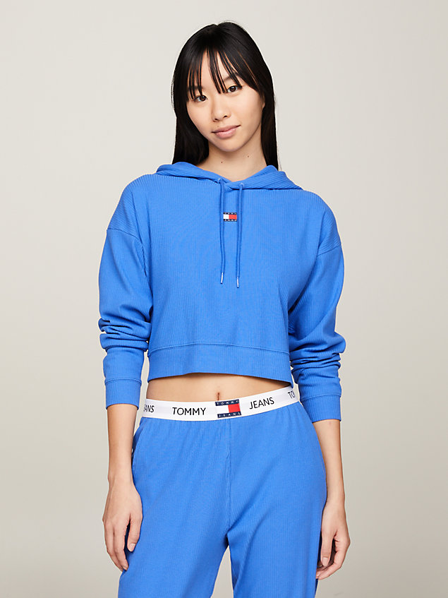 blue heritage ribbed cropped lounge hoody for women tommy jeans