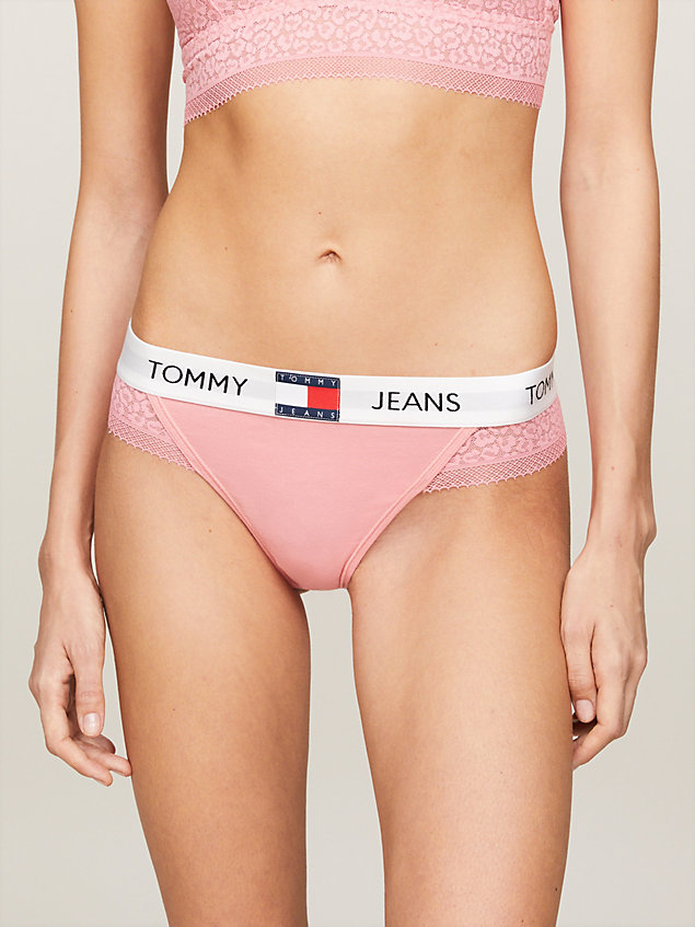 pink heritage leopard lace logo waistband thong for women tommy jeans