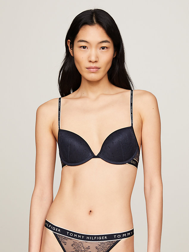 blue floral lace padded push-up plunge bra for women tommy hilfiger