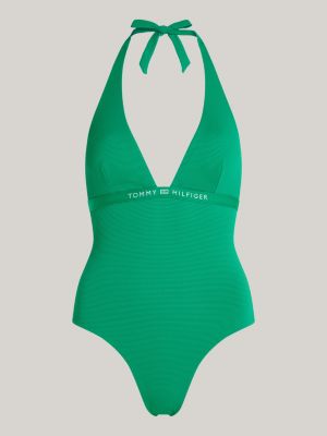 Tonal Logo Halterneck One-Piece Swimsuit, Green