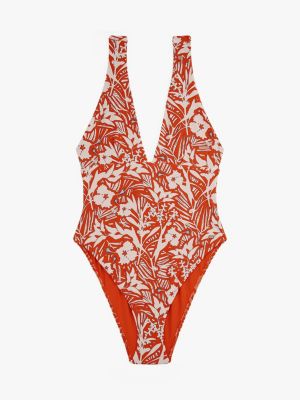 multi tropical print plunge neck swimsuit for women tommy hilfiger