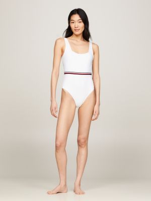 Global Stripe Square Neck One-Piece Swimsuit | White | Tommy Hilfiger