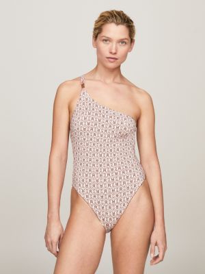 TH Monogram Reversible One Shoulder One Piece Swimsuit Beige