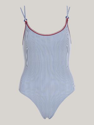 costume intero global stripe con doppie spalline blu da donne tommy hilfiger