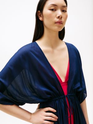 blauw mini-kaftan met signature-streep voor dames - tommy hilfiger