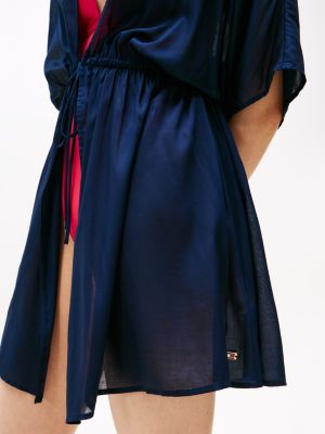 blauw mini-kaftan met signature-streep voor dames - tommy hilfiger