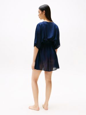 blauw mini-kaftan met signature-streep voor dames - tommy hilfiger