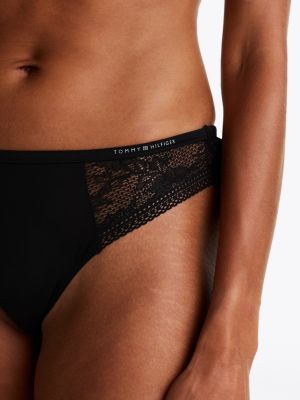 schwarz string mit logo-taillenbund und spitzenbesatz für damen - tommy hilfiger