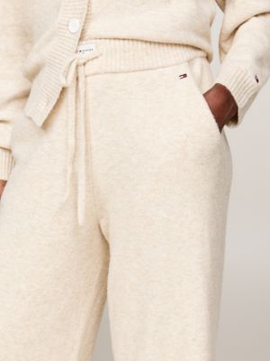 beige gebreide pyjamabroek met hilfiger-logo voor dames - tommy hilfiger