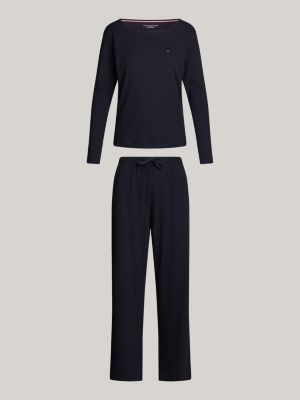 pijama de manga larga con monotipo hilfiger azul de mujeres tommy hilfiger